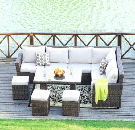 Sofa set = two side sofa+one middle sofa+one corner sofa+one table+three ottomans. Side sofa size: 53.93" x D30.70" x H33.46" with 4" seat and back cushion. Corner sofa size: 30.70" x 30.70" x H33.46" with 4" seat and back cushion. Middle sofa size: 25.59" x 30.70" x H34.46" with 4" seat and back cushion. Table size: 42.24" x 33.46" x H27.16" with 0.19" tempered glass. Ottoman size: 15.74" x 15.74" x 15.74" with 4" cushion Rattan: grey rattan with grey cushion, brown rattan with beige cushion