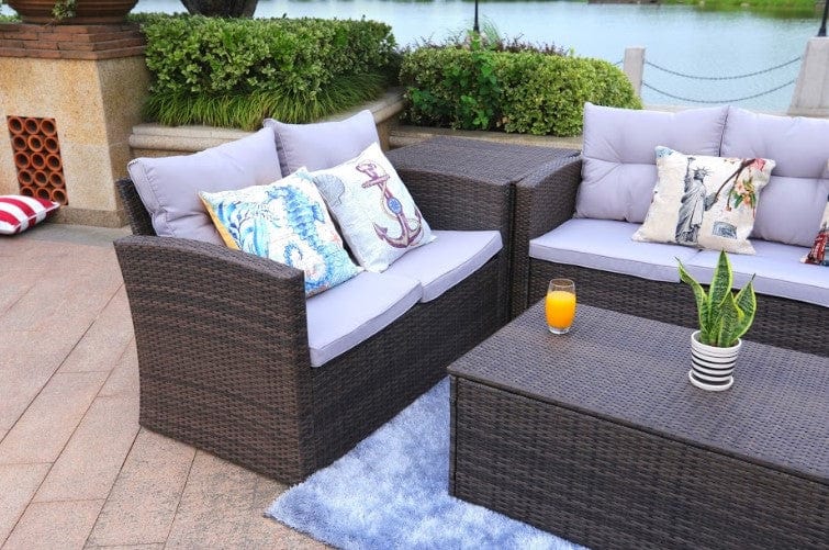 Steel rattan sofa K/D set=one three seater sofa+one double sofa+ two single sofa+one table+one side table Three seater sofa size: 183*72*H78cm with 6cm cushion and fluffy back cushion Double sofa size: 127*D72*H78cm with 6cm cushion and fluffy back cushion Single sofa size: 72*72*H78cm with 6cm cushion and fluffy back cushion Table size: 120*60*H40cm Side table size: 70*70*H64cm