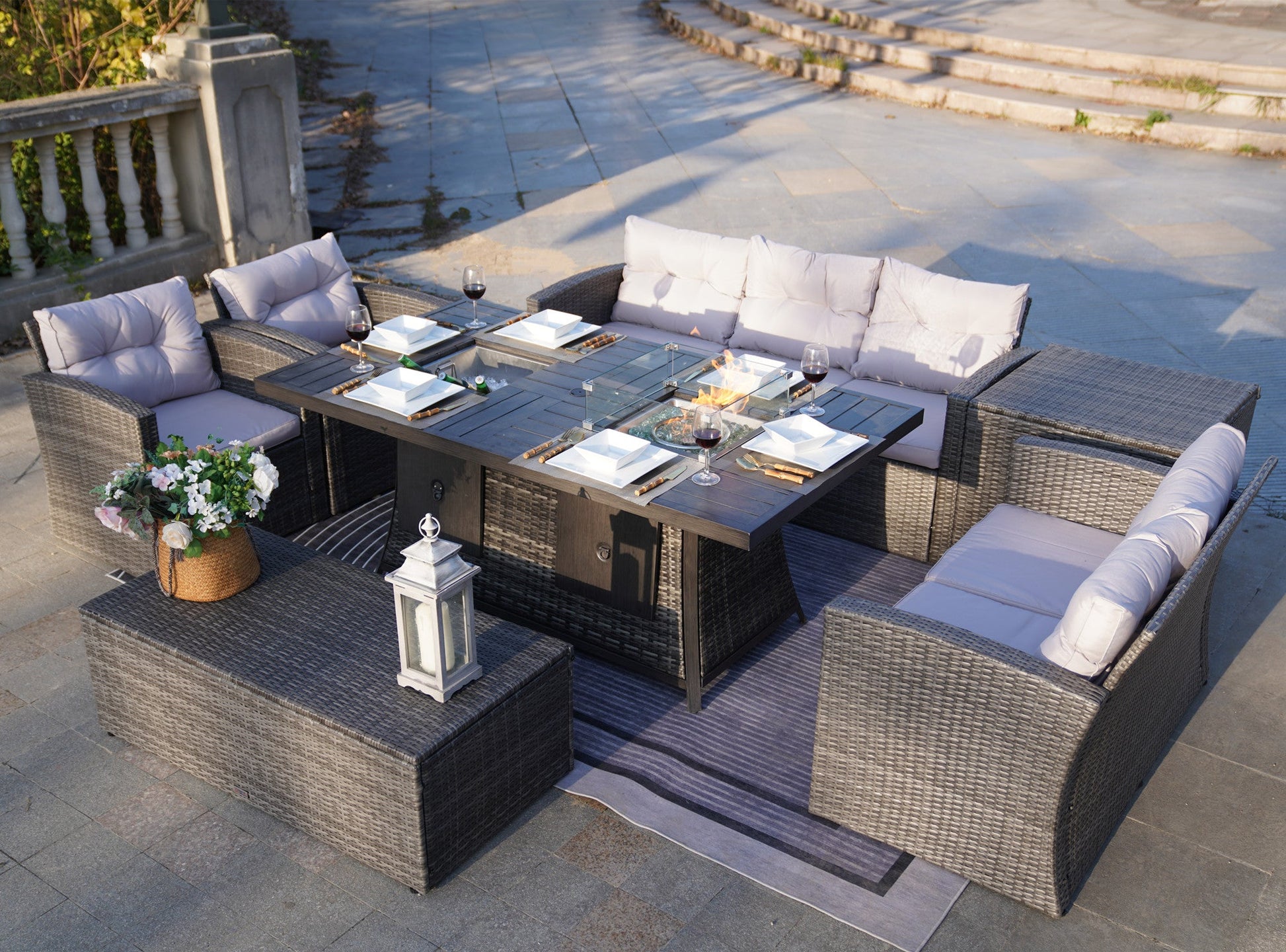 Homeroots ELLE Gray 7-Piece Wicker Patio Fire Pits Table Patio Conversation Sofa Set With Gray Cushions Outdoor Surplus USA