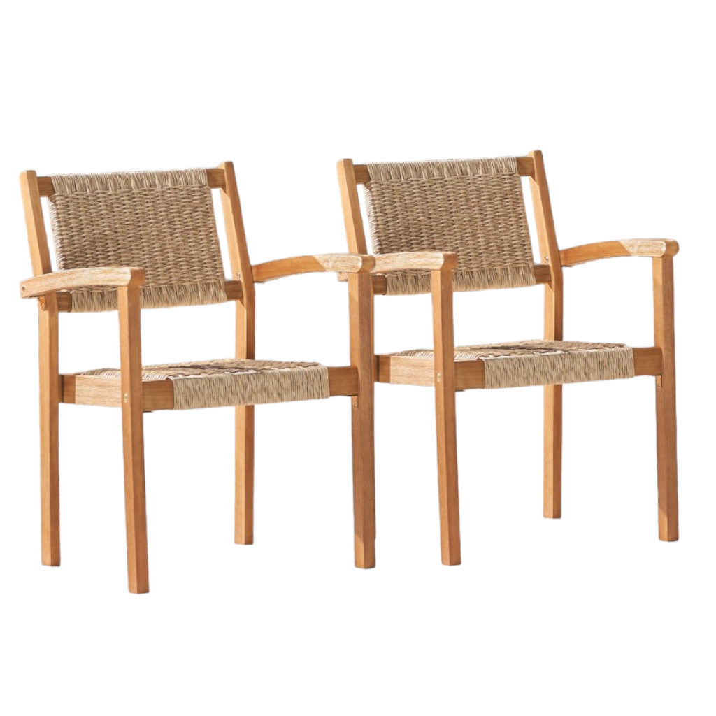 22" Set Of Two Natural Wood And Rattan Indoor Outdoor Dining Chairs