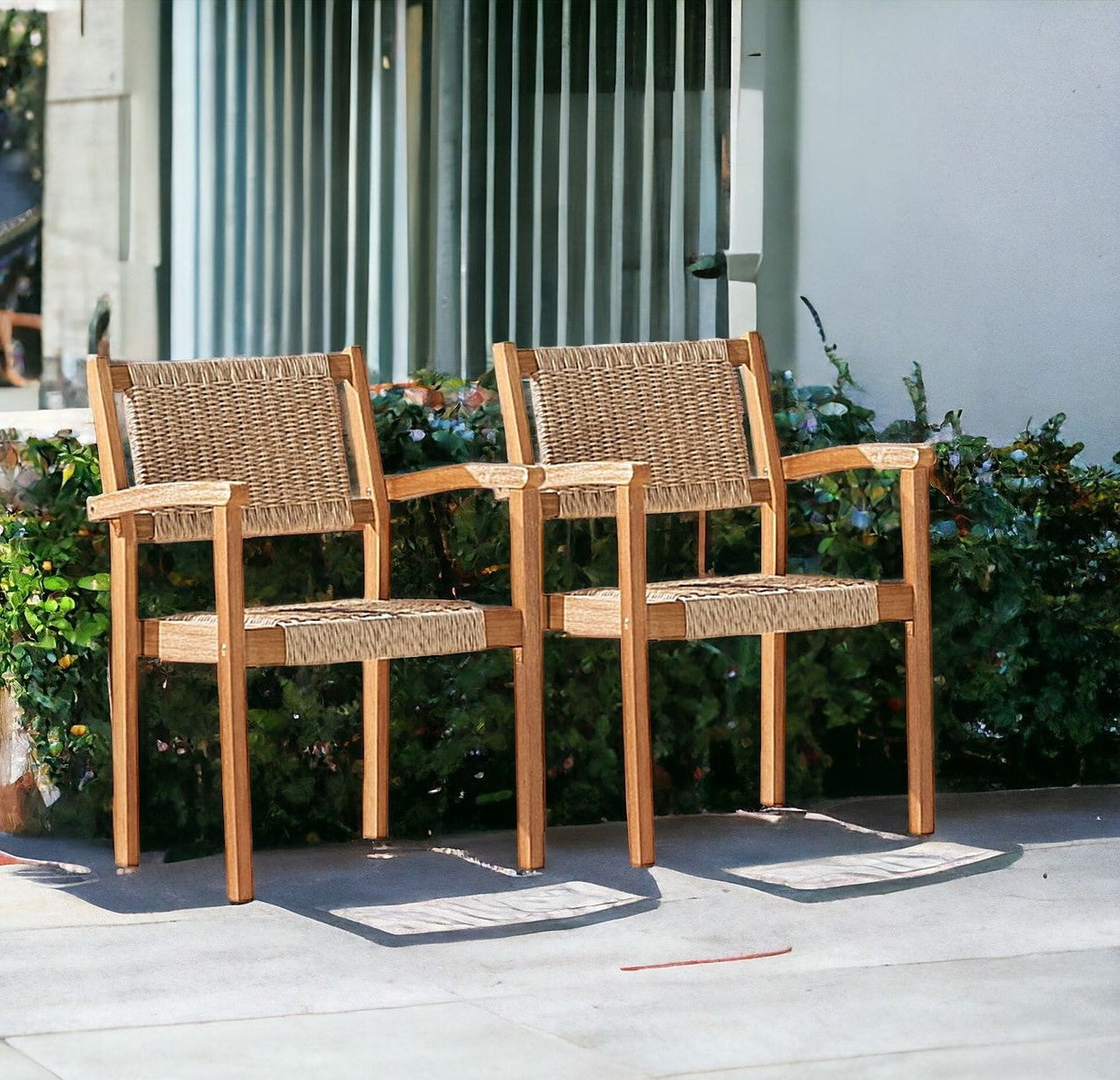 22" Set Of Two Natural Wood And Rattan Indoor Outdoor Dining Chairs