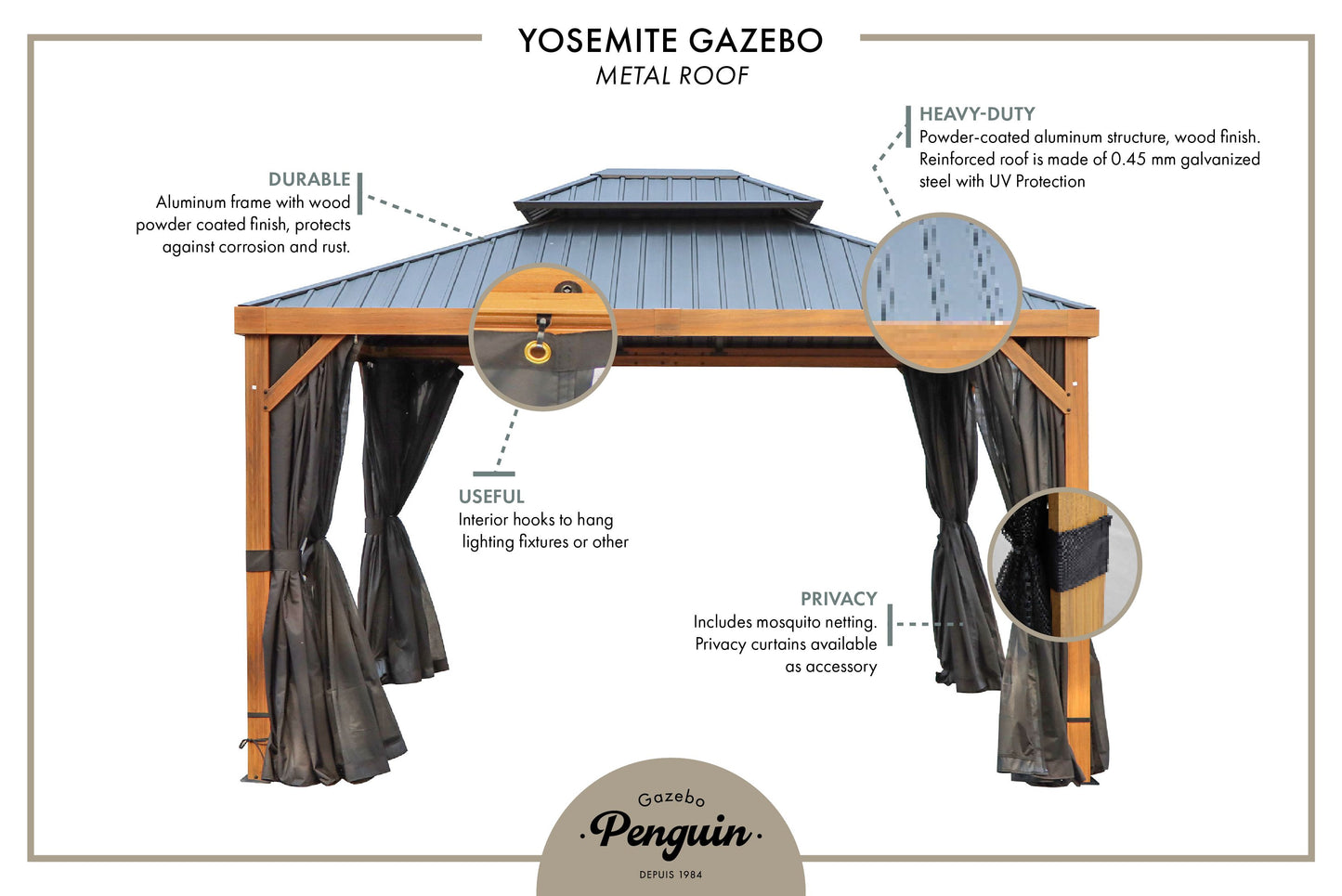 Yosemite Gazebo Aluminum frame wood finish 10 x 12