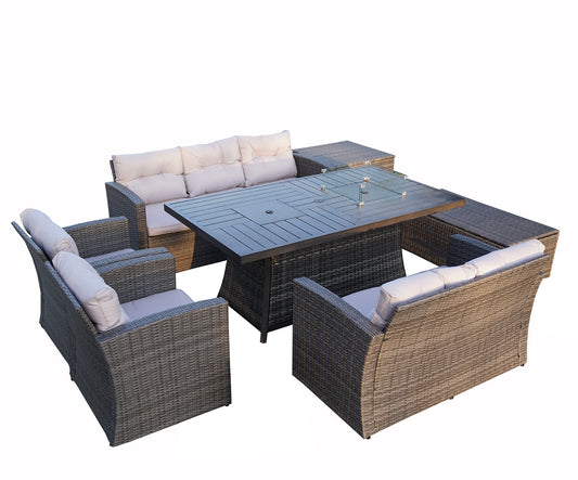 Homeroots ELLE Gray 7-Piece Wicker Patio Fire Pits Table Patio Conversation Sofa Set With Gray Cushions Outdoor Surplus USA